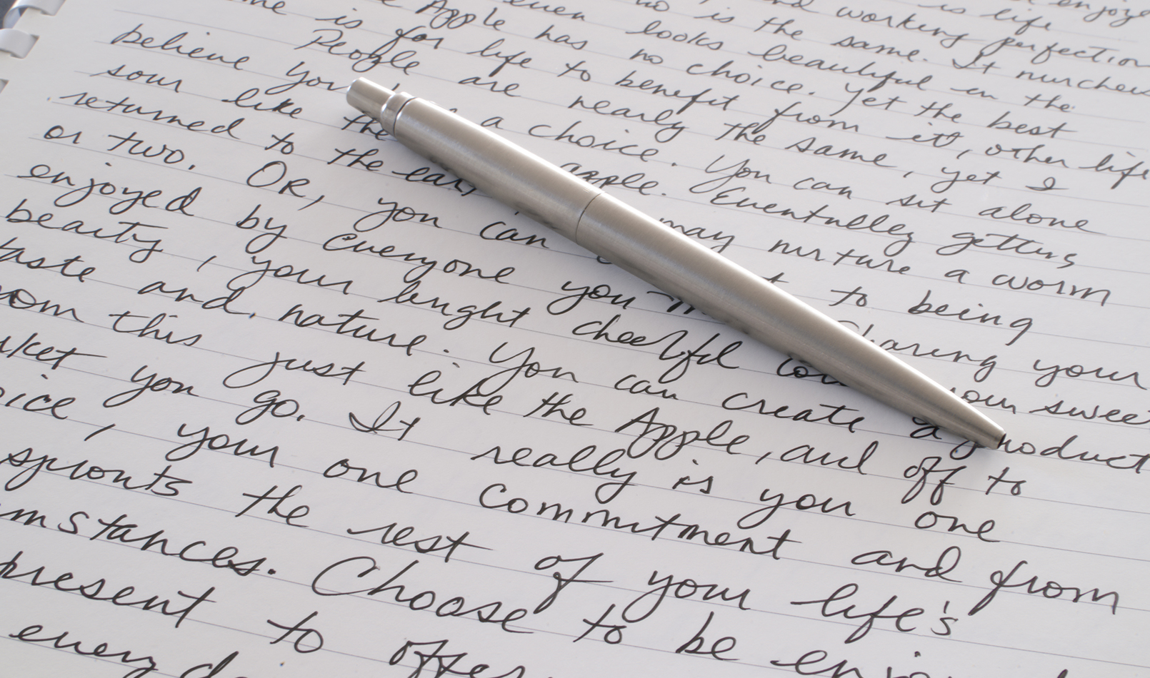 Write your life story: A Stainless Steel Ball Point Pen is Laying on the Written Page of a Spiral Bound Notebook
