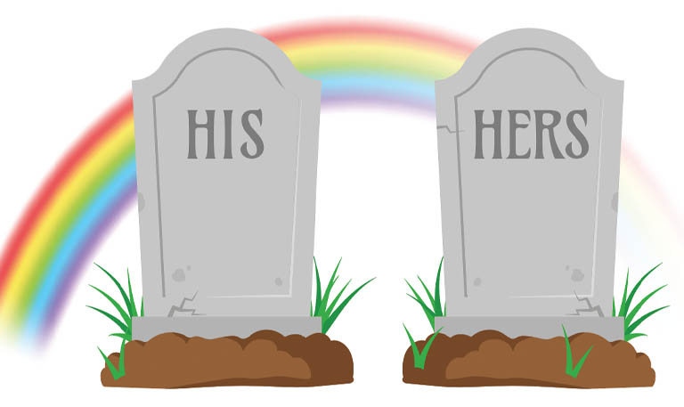 illustration of his and hers headstones with a rainbow behind them to illustrate burial plot