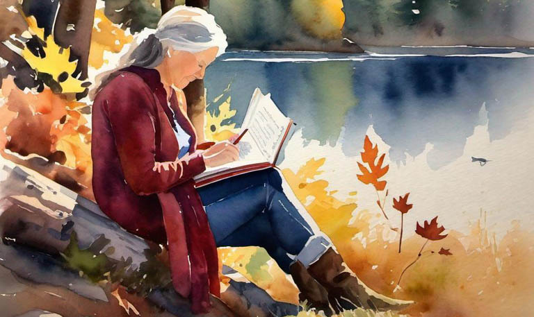 Watercolor image of woman writing in journal by a lake in the fall.