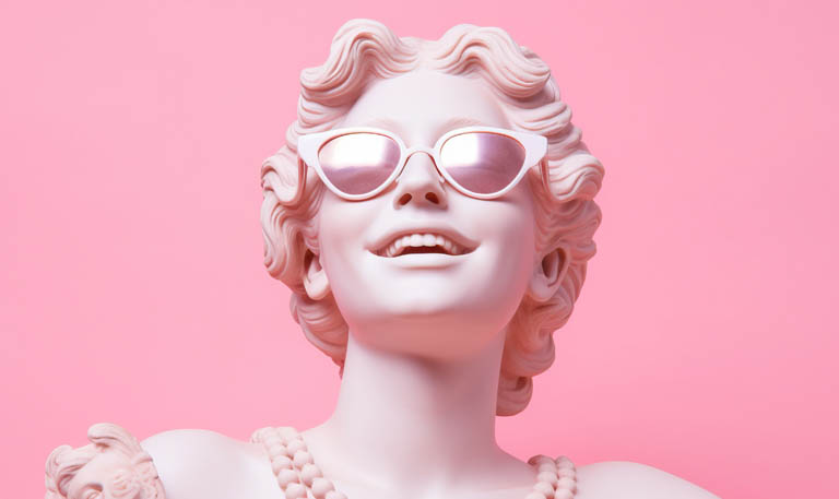 Young woman with sunglasses represented as a Greek God-like statue to represent immortality.