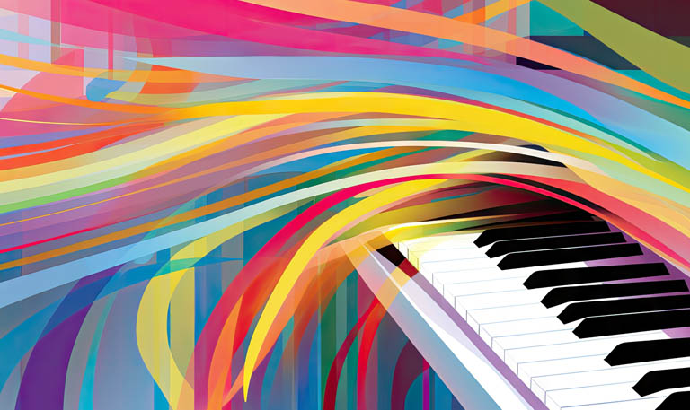 Colorful ribbons of sad music flowing from a piano.