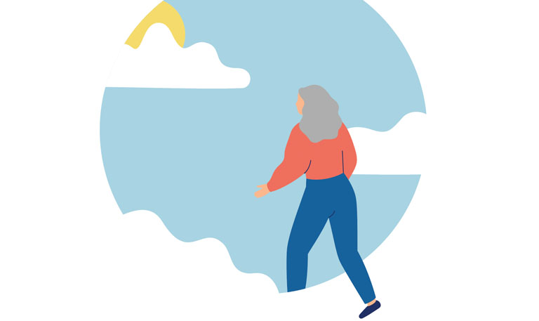 Bittersweet moments illustrated as a women stepping into an image of blue sky with clouds.