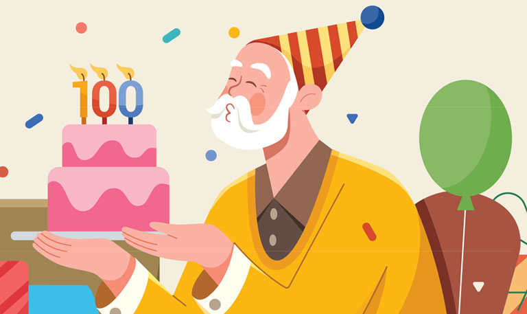 Illustration of a 100-year-old man blowing out the candles on his birthday cake. Living to 100.