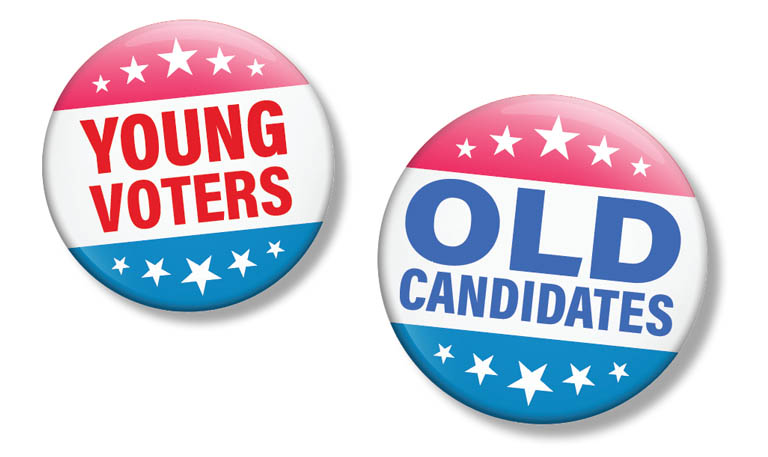 Campaign buttons that read: Young Voters, Old Candidates